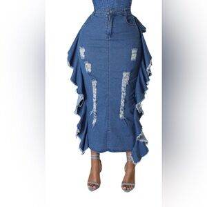 Denim Ruffle Distressed Skirt